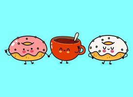 personagem de xícara de café e rosquinhas feliz fofa e engraçada. vector personagens de desenhos animados kawaii desenhados à mão, ícone de ilustração. conceito de amigos de xícara de café e donuts engraçado dos desenhos animados