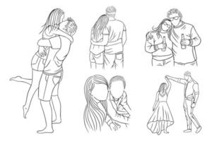 conjunto desenho de arte de linha de pacote casal simples amor menino e menina beijo desenhado à mão vetor