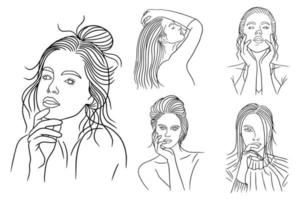 definir arte de linha de pacote desenhando mulheres simples modelando cabeça e rosto pose desenhada à mão vetor