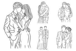 definir pacote de arte de linha desenho simples amor casal casamento feliz mão desenhada vetor