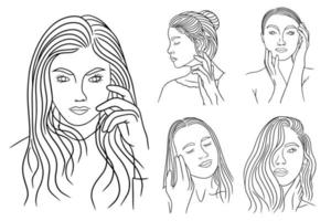 definir arte de linha de pacote desenhando mulheres simples modelando cabeça e rosto pose desenhada à mão vetor