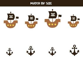 jogo de correspondência para crianças pré-escolares. combinar navios piratas e âncoras por tamanho. vetor