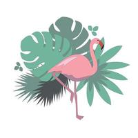 ilustração de verão com um flamingo rosa brilhante e folhas tropicais vetor