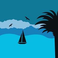 veleiro, gaivotas e silhuetas de palmeiras sobre fundo azul vetor