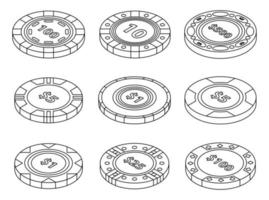 conjunto de ícones de fichas de cassino vector outine