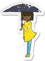 adesivo retrô angustiado de uma mulher de desenho animado com guarda-chuva vetor
