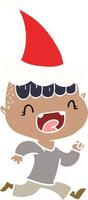 ilustração de cor plana de um menino feliz rindo e fugindo usando chapéu de papai noel vetor