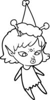 desenho de linha bonita de uma garota alienígena usando chapéu de papai noel vetor