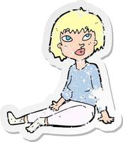 adesivo retrô angustiado de uma mulher de desenho animado sentada no chão vetor