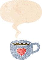 eu amo xícara de desenho de café e bolha de fala em estilo retrô texturizado vetor