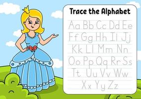 escrevendo cartas. página de rastreamento. ficha prática. planilha para crianças. aprender alfabeto. personagem fofo. ilustração vetorial de cor. estilo de desenho animado. vetor