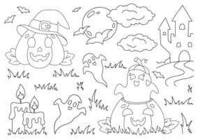 conjunto de elementos para abóboras de halloween, fantasmas, morcegos. página do livro para colorir para crianças. personagem de estilo de desenho animado. ilustração vetorial isolada no fundo branco. vetor