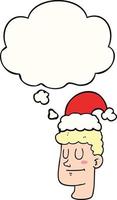 homem de desenho animado usando chapéu de natal e balão de pensamento vetor