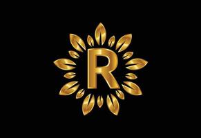 alfabeto inicial da letra do monograma r com coroa de folhas douradas. conceito de design de logotipo de flor vetor
