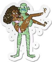 adesivo retrô angustiado de um monstro de pântano de desenho animado carregando mulher de biquíni vetor