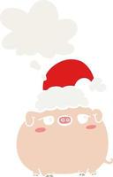 porco dos desenhos animados usando chapéu de natal e balão de pensamento em estilo retrô vetor