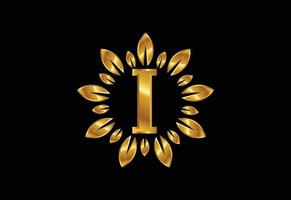 inicial eu alfabeto de letra do monograma com coroa de folhas douradas. conceito de design de logotipo de flor vetor