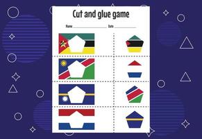 jogo de corte e colagem para crianças com bandeira do país. prática de corte para pré-escolares. jogo de papel educacional para crianças vetor