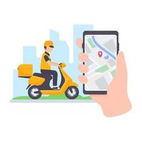 o entregador dirige através de um celular com tela de mapa. conceito de entrega de comida online vetor