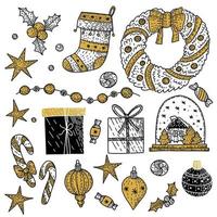 doodles elementos de natal. itens de vetor de cor. ilustração com decoração de ano novo. design para estampas e cartões