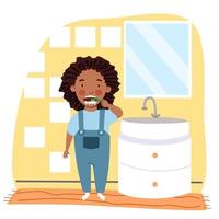 uma garota negra com dreadlocks de pijama está escovando os dentes no banheiro. vetor