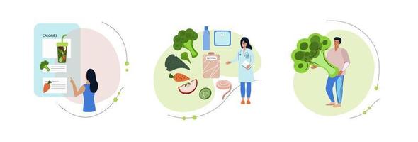 as pessoas escolhem alimentos saudáveis. conceito de nutrição dietética. planejando o plano de desintoxicação da dieta. as pessoas escolhem alimentos saudáveis. conceito de nutrição dietética. planejamento dieta desintoxicação plan.comida vegetariana. vetor de desenhos animados.