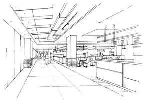 desenho de esboço de uma área de corredor de praça de alimentação e balcão de comida, design moderno, vetor, ilustração 2d vetor