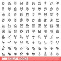 conjunto de 100 ícones de animais, estilo de contorno vetor