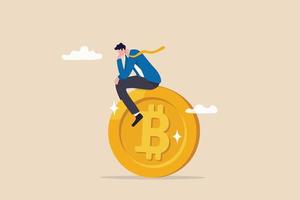 bitcoin hodl, titular que compra bitcoin ou moeda criptográfica para investimento de longo prazo, investimento em criptomoeda ou acredita no conceito de independência bitcoin, investidor empresário calmo relaxa sentado no bitcoin. vetor