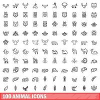 conjunto de 100 ícones de animais, estilo de contorno vetor