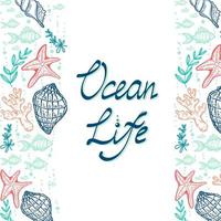 banner com silhuetas de criaturas do mar em fundo branco. um ótimo design para anunciar produtos oceânicos ecológicos. conchas, peixes, estrelas do mar e algas. elementos desenhados à mão em um estilo simples vetor