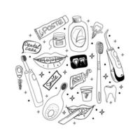 modelo de produtos de higiene, elementos de doodle desenhados à mão. ferramentas e produtos para higiene bucal. pastas de dentes, escovas, escovas de dentes e carinhas sorridentes com e sem aparelho vetor