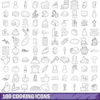 100 ícones de cozinha definidos, estilo de contorno vetor