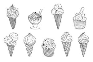 conjunto de sorvete desenhado à mão em um cone, tigela e copo. elementos isolados de preto sobre branco para design vetor