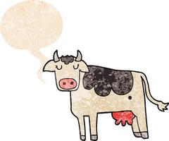 vaca de desenho animado e bolha de fala em estilo retrô texturizado vetor