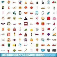 Conjunto de 100 ícones de lazer para crianças, estilo cartoon vetor