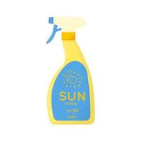 produto de cuidados da pele. segurança do sol, spray de proteção uv. tubo de produto protetor solar com spf. cosmético de verão. ilustração vetorial plana isolada no fundo branco. vetor