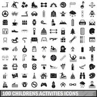 Conjunto de ícones de atividades de 100 crianças, estilo simples vetor