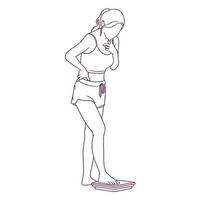 mulher desenhada de mão em roupas esportivas medindo sua ilustração de peso vetor