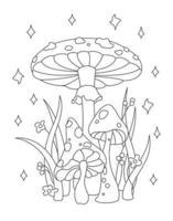 ilustração vetorial em preto e branco de contornos para colorir cogumelos, agárico, grama e flores vetor