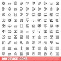 conjunto de 100 ícones de dispositivo, estilo de estrutura de tópicos vetor