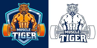 design de logotipo de mascote de fitness de tigre muscular vetor