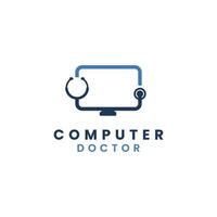 logotipo de médico de computador, computador com conceito de logotipo de estetoscópio moderno, logotipo de serviço de computador vetor