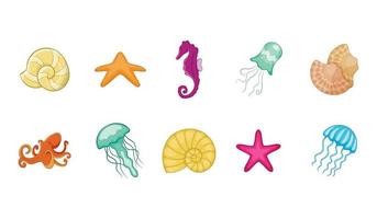 conjunto de ícones de criaturas marinhas, estilo cartoon vetor