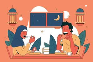 pessoas iftar tendo uma ilustração plana de refeição vetor