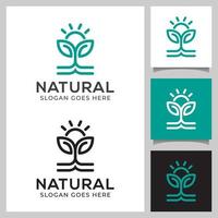 design de logotipo natural de crescimento e sol de folha ecológica, símbolo de logotipo de jardim verde, árvore em crescimento, design de símbolo de ícone de agricultura vetor