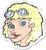 adesivo retrô angustiado de uma mulher feliz de desenho animado usando óculos de aviador vetor