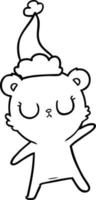 desenho de linha pacífica de um urso usando chapéu de papai noel vetor