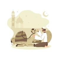 um muçulmano adora camelo para o conceito de eid al-adha vetor