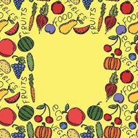 padrão de comida vegetariana perfeita com lugar para texto. vetor de doodle colorido com ícones de comida vegetariana. ícones de comida vintage